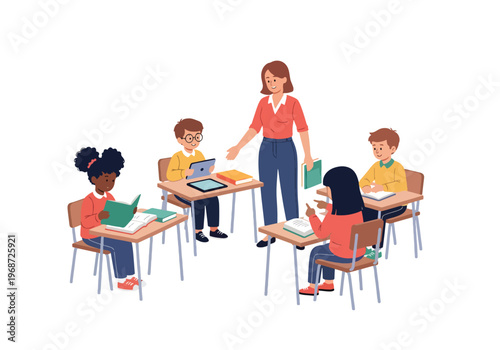 Flat style vector illustration of diverse elementary school children learning together in a bright classroom with teacher guidance, books and tablets in modern education