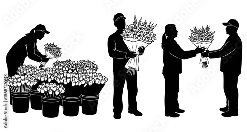 Florist arranging bouquets and customer receiving flowers silhouette illustration clean lines graphic style