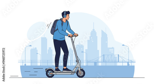 Young man with a backpack and headphones riding a blue electric scooter through a modern city with high buildings and bridge.