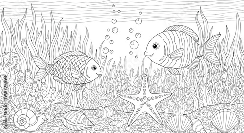 Detailed coloring book page for adults featuring an underwater scene with fish starfish shells and aquatic plants in the ocean.