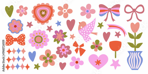 Colorful collection of floral and decorative stickers on a white background