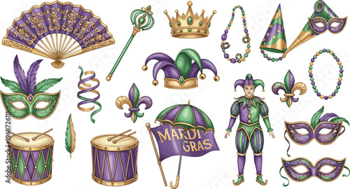 Mardi Gras Celebration Vector Set with Masks, Drums, Beads, Crown, and Festive Decorations for Carnival and Festival Designs