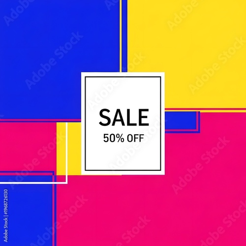 Bold and vibrant abstract composition with the word SALE displayed, showcasing a promotional offer of 50% OFF