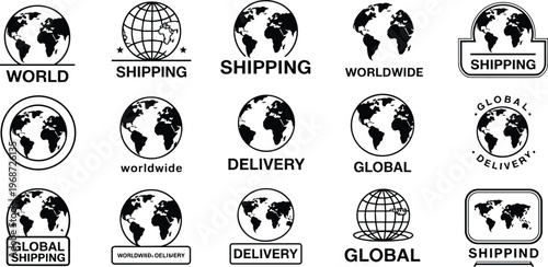 Global shipping and worldwide delivery icon set featuring earth globe symbols and stamps for international logistics freight transport and e-commerce business supply chain design,