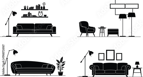 Living room furniture silhouettes set with sofa armchair lamps shelves and decor elements modern interior design isolated on white background