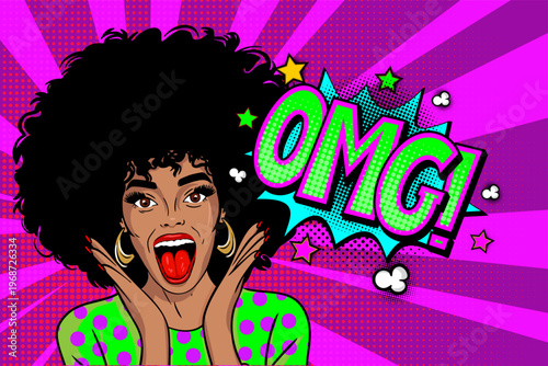 Pop Art Woman with Afro Hair Saying OMG - Surprised Girl with Speech Bubble on Purple Sunburst Background