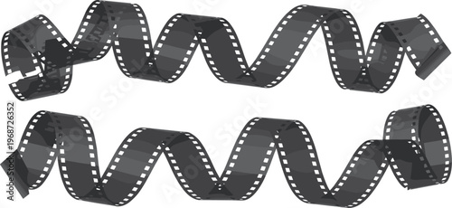 Curved 35mm film strip vector illustration with twisted motion effect for cinema movie production photography and creative media industry background design,