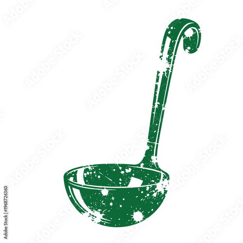 Green ladle with handle and paint splatters kitchen utensil distressed