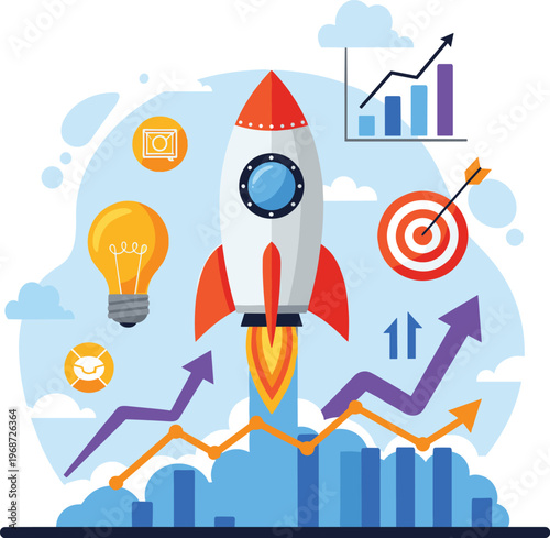 Rocket launching from rising stock market graph with financial growth icons