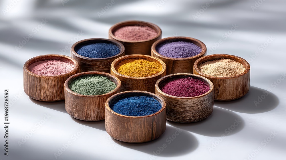 Fototapeta premium Colorful Powders in Wooden Bowls on White Surface with Shadows