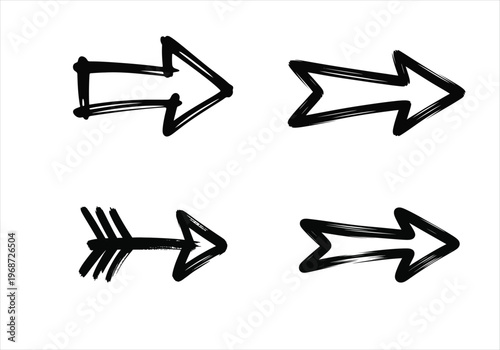 Hand Drawn Black Ink Arrow Icon Set, Minimalist Brush Stroke Directional Symbols on White Background