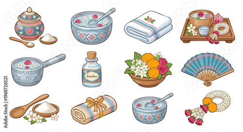 Thai traditional Songkran festival items including floral water bowls, perfume and powder.