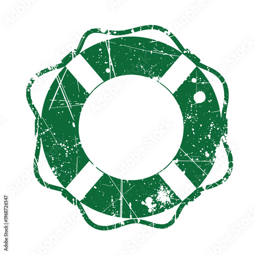 Green lifebuoy with white stripes and rope distressed