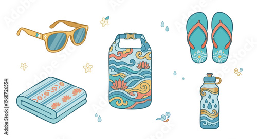 Essential items for water festival including sunglasses, waterproof bag, flip flops and towel.