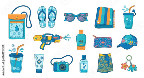 Collection of travel and water festival essentials including camera, sunscreen and waterproof pouch.