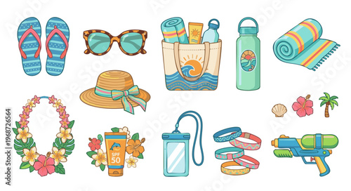 Summer beach and water festival accessories set including tote bag, sunscreen and floral lei.
