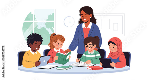 Flat style vector illustration of diverse elementary school children learning together in a bright classroom with teacher guidance, books and tablets in modern education
