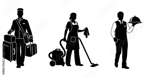 Hotel Staff Silhouettes: Bellhop With Luggage Housekeeper Vacuuming Waiter Serving Food