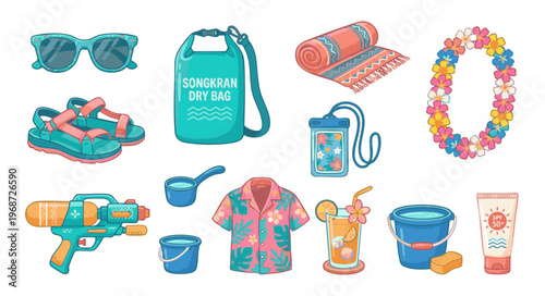 Thai water festival equipment set with dry bag, floral shirt, water gun and traditional accessories.