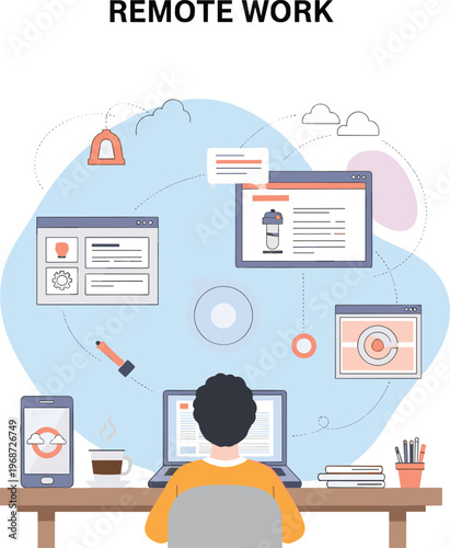Illustration of person working remotely from home office setup