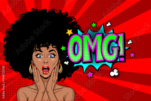 Pop Art Woman with Afro Hair Saying OMG - Surprised Girl with Speech Bubble on Red Sunburst Background
