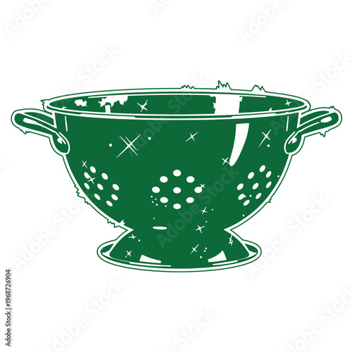 Green metal colander with handles and holes on white background kitchen cooking