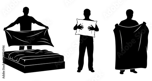 Man Making Bed Holding Pillow And Folding Duvet Cover Silhouette Vector Graphic