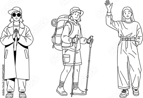 Outdoor Adventure Set with Three Hiking Illustrations Featuring Women in Winter Jackets, Hiking Boots, and Backpack Gear