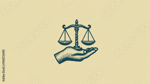 Justice, law, balance scale icon, hand holding scales, legal symbol, vector illustration