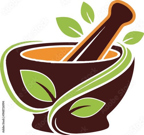 Herbal medicine and natural remedies mortar and pestle with green leaves
