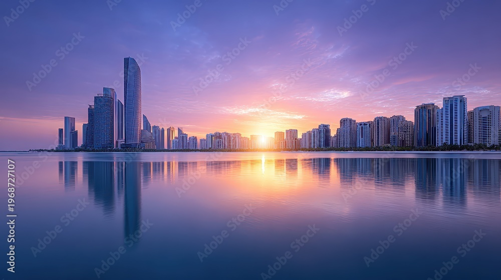 Obraz premium Serene Sunrise Over Modern City Skyline with Calm Water Reflection