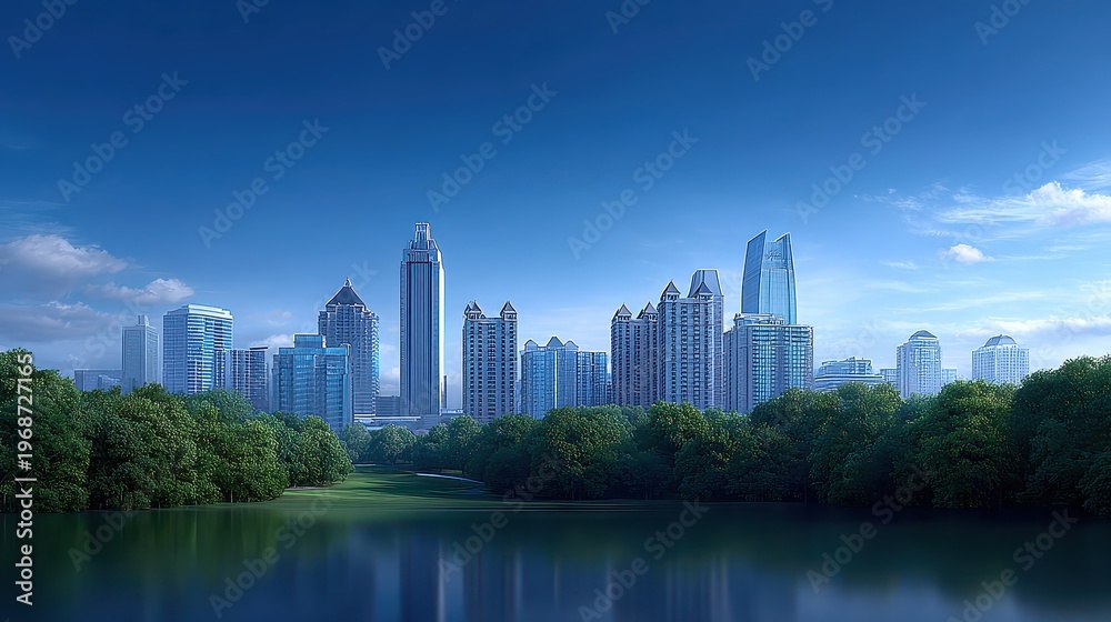 Naklejka premium Modern Urban Skyline Reflected in Calm Water Under Clear Sky