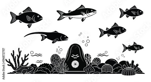 Black and white illustration of various fish and coral a striking silhouette