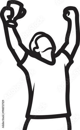 Victory, celebration, triumphant man, black line art icon