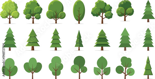 Stylized tree illustration collection featuring deciduous and coniferous varieties with outline, solid, and colorful foliage designs for creative artwork