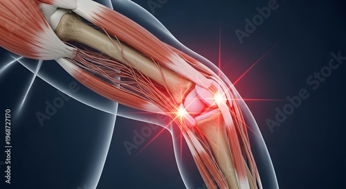 Knee joint pain and leg bone inflammation. Orthopedic injury and healthcare treatment. Close up of human leg showing glowing red pain point at the kneecap and tendons