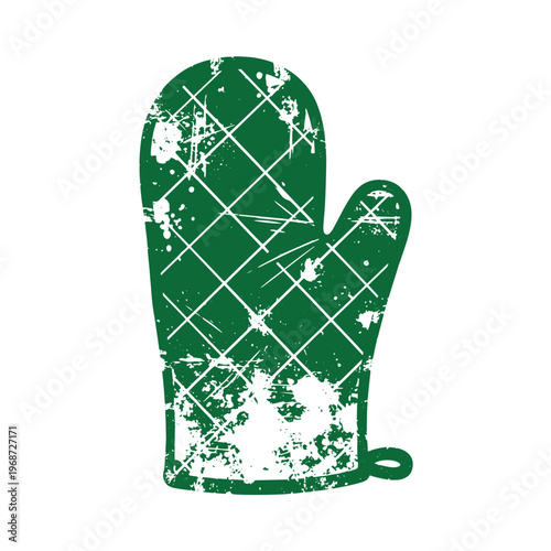 Green oven mitt with white diamond pattern and distressed texture kitchen