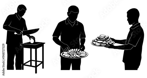 Man Preparing Food Arranging Ingredients and Serving Meal Silhouette Style