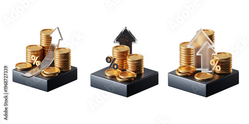 3D financial growth icon set, gold coins, upward arrows, and percentage symbols. Growth money isolated on 3d podium with wealth financial business success finance graph stock profit investment chart.