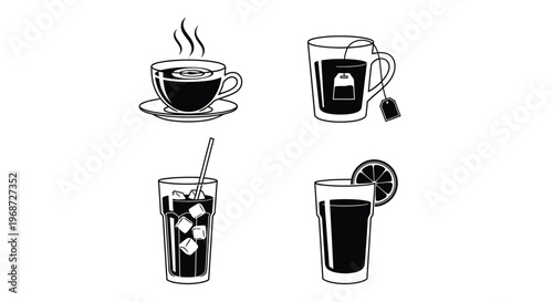 Black and white illustration of coffee tea and juice drinks silhouette