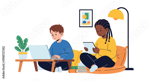 Flat style vector illustration of children studying at home using laptop and tablet for online learning, cozy environment with focused expressions, homeschooling concept