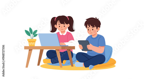 Flat style vector illustration of children studying at home using laptop and tablet for online learning, cozy environment with focused expressions, homeschooling concept