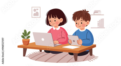 Flat style vector illustration of children studying at home using laptop and tablet for online learning, cozy environment with focused expressions, homeschooling concept