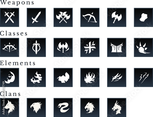 rpg game badge icon set with modern hand drawn fantasy style of weapon, classes, elements, animal clan