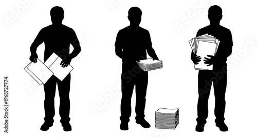 Man Silhouettes Holding Piles of Paper Documents for Business Records and Archiving