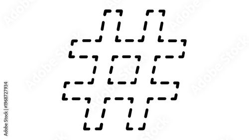 Minimalist black dashed line hashtag vector icon illustration for social media tagging, digital marketing, and online communication, isolated on a white background for scalable web design.