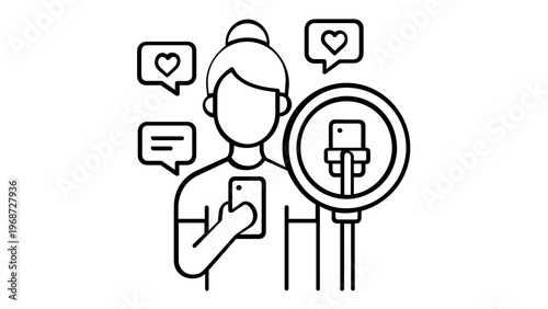 Minimalist vector icon illustration of a female social media influencer or vlogger live streaming using a ring light and smartphone. Line art depicting content creation, likes, and engagement.