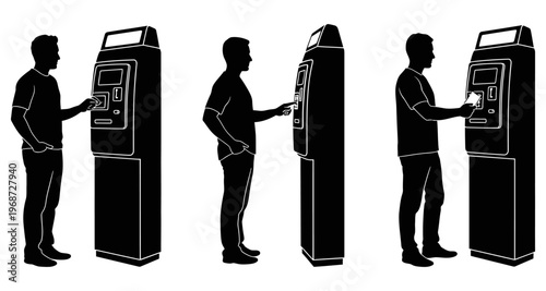 Man Using ATM Machine Silhouette Inserting Card Financial Transaction Clean Vector Graphic
