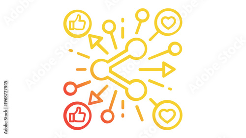 Scalable vector illustration of a social media share icon with radiating symbols like hearts, thumbs up, and arrows in a warm orange gradient, representing viral content and digital marketing.