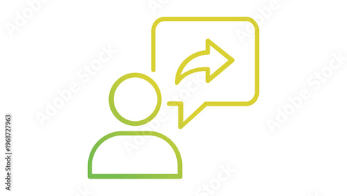 Minimalist green gradient vector icon illustration of a person with a speech bubble and share arrow, representing social media mentions, digital communication, content sharing, and networking.